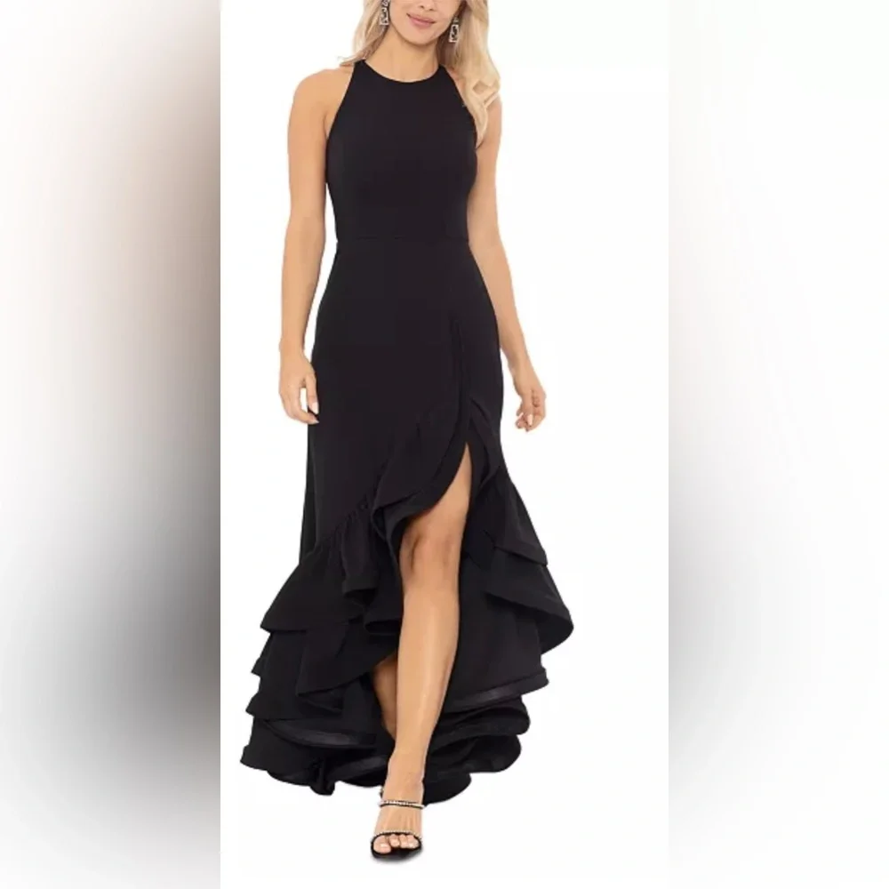 Tiered Ruffles Scuba Crepe Gown Color:Black  size 8 designer Betsy & Adam - Picture 5 of 6
